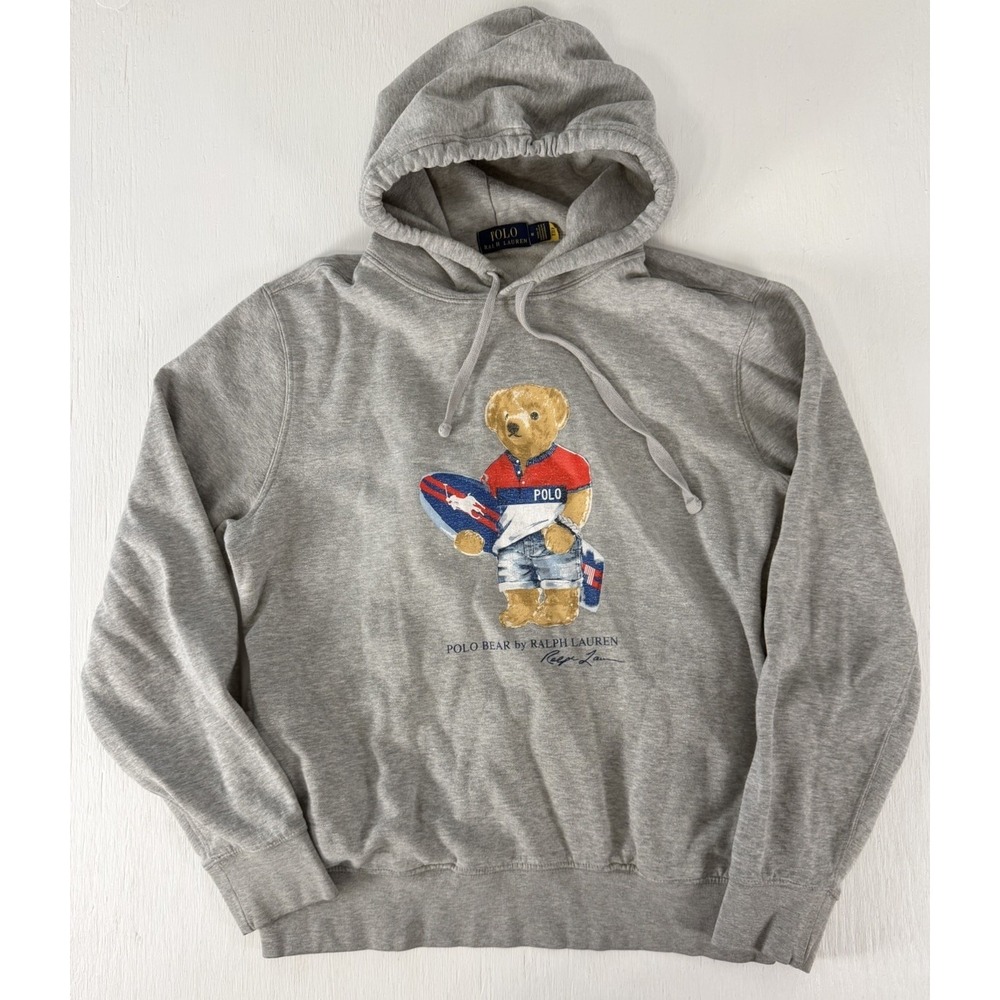 Adults RALPH LAUREN POLO Size M HOODIE BEAR Surfer Gray Pullover Sweatshirt RL